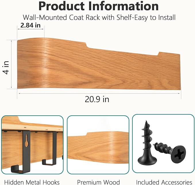 Coat Rack Wall Mount with Hidden Hooks Entryway Hanging Shelf Modern Wood Coat Hanger for Bedroom Kitchen Hallway Bathroom (Oak, 20.9 Inch Long)