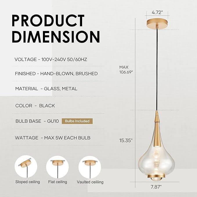 1-Light Teardrop Pendant Light, Brass Gold Ceiling Hanging Light Fxitures, LED Light Fixtures Ceiling Glass Pendant Lighting for Kitchen Island Dining Room Bar