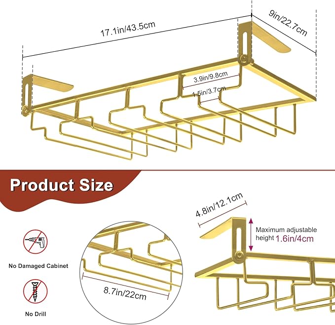 AUHOKY Adjustable Wine Glass Holder Under Shelf, Nail Free Metal Stemware Holder Storage Hanger, Hanging Wine Glasses Rack Organizer Under Cabinet Mount for Bar Kitchen (4 Rows, Gold)