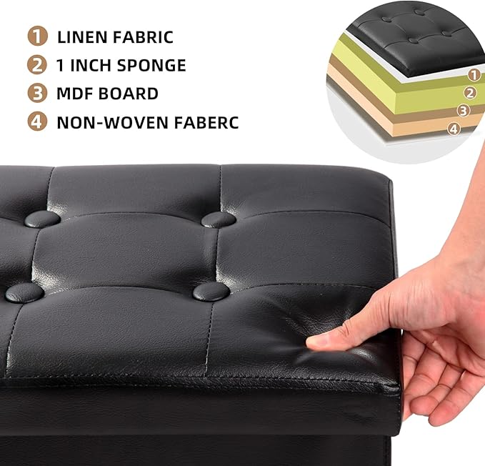 ALASDO Storage Ottoman Footrest Stool Small Ottoman with Storage Foldable Ottoman Leather Foot Rest Footstool Bench for Living Room 17x13x13inches Black