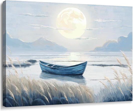 amatop Coastal Bathroom Wall Art Blue Beach Nautical Ocean Nature Canvas Picture with Boat Moon Lake Mountain Sea Relaxing Serene Landscape Gallery Wrapped Artwork for Modern Home Bedroom Decor 16x12