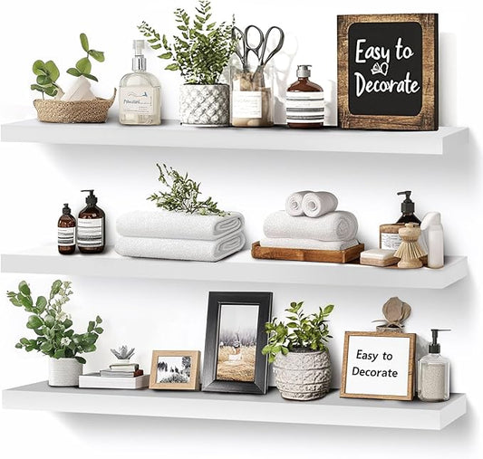 3-Pack Floating Wall Shelves, 24-Inch Rustic White Wooden Shelves for Storage and Décor, Easy Installation for Living Room, Bedroom, and Kitchen