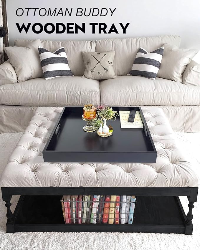 20 Inches Square Wooden Ottoman Tray Black, Large Wood Serving Tray with Handles for Living Room, Serving Food Breakfast, Ottoman Coffee Table Couch Sofa Kitchen