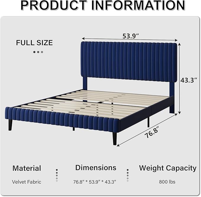 Full Size Bed Frame, Velvet Upholstered Platform Bed with Vertical Channel Tufted Headboard and Footboard, No Box Spring Required, Easy Assembly, Blue
