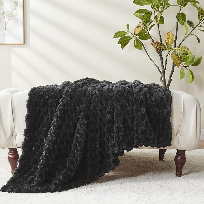 NEWCOSPLAY Super Soft Throw Blanket Black Premium Silky Flannel Fleece 3D Clouds Stylish Jacquard Lightweight Bed Blanket All Season Use 350GSM (Black, Throw(50"x60"))