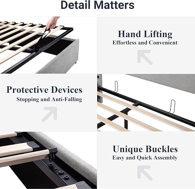 Allewie King Size Lift Up Storage Bed, Modern Wingback Headboard, Hydraulic Support, No Box Spring Needed, Light Grey
