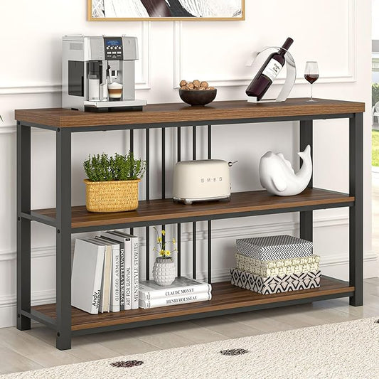 FOLUBAN Console Table for Entryway, Narrow Sofa Table with 3 Tier Storage Shelf for Living Room Hallway Behind Couch, Rustic Walnut