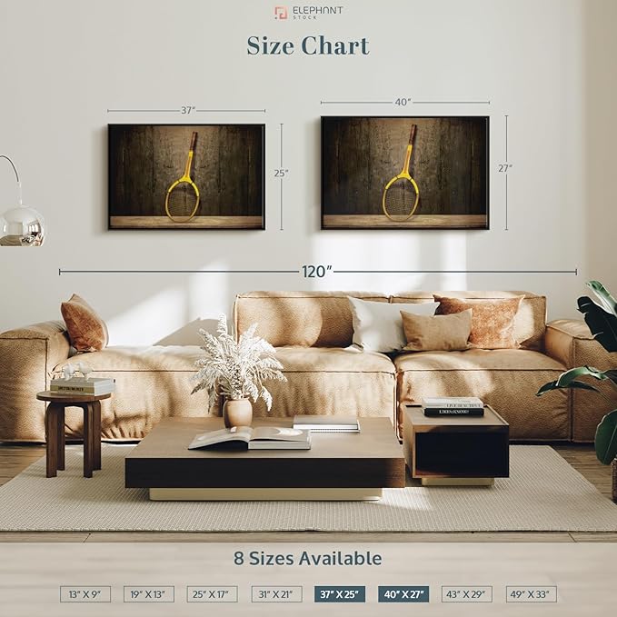 ElephantStock Vintage Tennis Racket Wall Art - Horizontal Framed Canvas - 1-Piece Living Room Wall Decor - Photography Sports Canvas Print - Brown and Black Decor for Wall - 37" X 25"