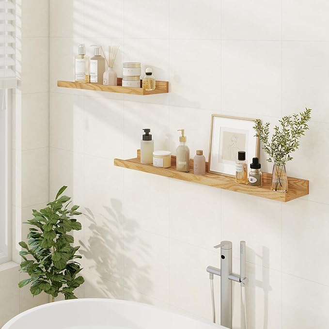 Floating Picture Ledge Shelves 36 Inch Solid Oak Wood Set of 2, Rustic Wall Storage Shelves with Lip, Kids Bookshelf, Photo & Picture Ledge Shelves for Bedroom, Living Room, Kitchen