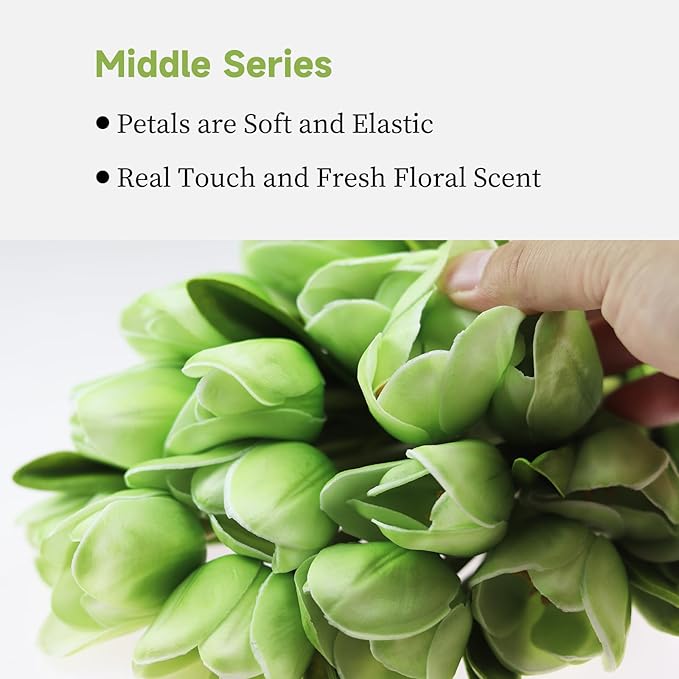 Buart Artificial Tulip in Bulk for Home Kitchen Wedding Bridal Bouquet,Fake Flowers for Valentine's Day Mother's Day Easter Table Centerpieces Decorations(Green,Real-Touch,12pcs)