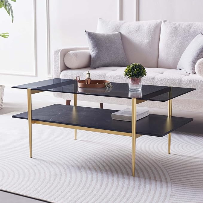 Rectangle Coffee Table for Living Room, Mid-Century Modern Design, L41 x W21 x H17, 2-Tier Structure, Clear Glass Top and Black Marble Wood Shelf, Conical Metal Legs with Gold Finish