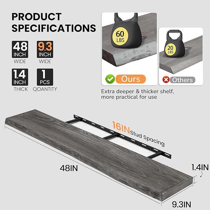 Fun Memories Floating Shelves for Wall, 48"x9.3" Rustic Solid Live-Edge Elm Wood Wall Shelves, Heavy-Duty Floating Shelves with Invisible Brackets for Living Room, Bedroom, and Kitchen, Grey Finish