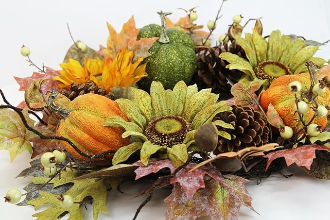 Admired By Nature 24 Inch Artificial Fall Pumpkin Sunflowers Wreath Wall Door Farmhouse Decor For Home Office Thanksgiving Harvest Wreaths For Front Door Cemetery Wreaths Indoor Outdoor, Green/Autumn