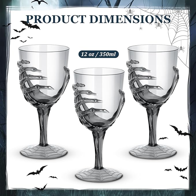 Dandat 6 Pcs Halloween Skeleton Hand Goblets 12oz Clear Plastic Halloween Cups Skull Wine Glass Set for Creepy Spooky Party Decorations (Black)