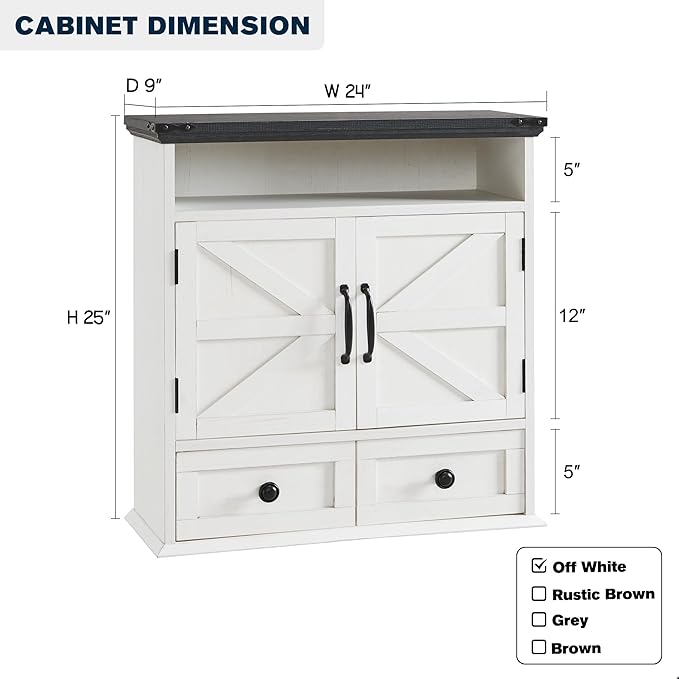 Bathroom Wall Cabinet, Farmhouse 24" Wide Medicine Cabinet with Drawer, Adjustable Shelf, Double Barn Doors, Storage Cabinets for Bathroom, Kitchen, Living Room, Off White