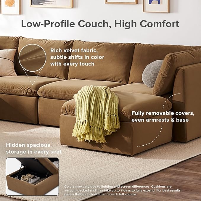 mopio Oversized Modular Sectional Sofa with Fully Removable Covers and Storage, Convertible U, L-Shaped and Sleeper Sectional, Modern Couches with Ottoman Chaise (Hazelnut Velvet, 5 Seats, U)