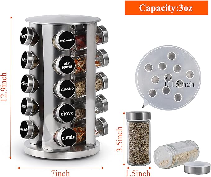DOUBLE 2 C Revolving Spice Rack with 20 Jars, Rotating Spice Rack Organizer, Seasoning Organizer with Labels, Stainless Steel Spice Carousel for Kitchen Countertop, Cabinet