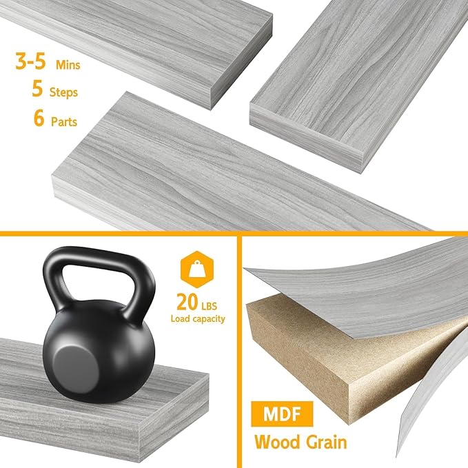 BAMEOS Floating Shelf,Wall Shelf,Decor Wall Mounted Shelves,Hanging Shelf Set of 3,L24xW6 for Bathroom Kitchen Living,Kitchen,Room Bedroom Storage,Walnut