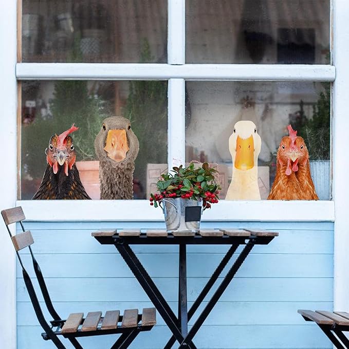 Funny Animal Windows Stickers Decor - 2 Hens Head & 2 Goose Head Window Cling Removable - Cute Animals Window Decals Peel and Stick - Funny Animals Wall Decor for Farmhouse Kitchen Door Refrigerator