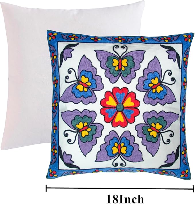 Embroidered Decorative Throw Pillow Cover, 18"x18" Set of 2, Farmhouse Pillowcase Purple Butterfly Knit Pattern Cotton Canvas Cushion Case Square Floral Pillow Case for Sofa Couch Bed Living Room