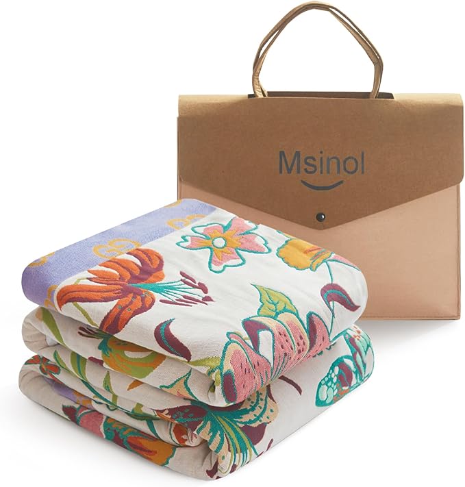 Cotton Throw Blanket Pure Cotton Floral Pattern Large Throw Blanket for Bed Summer Blanket Throw Farmhouse Decor Sofa Cover Bed Decoration (80"x90",05-Butterfly and Flower)