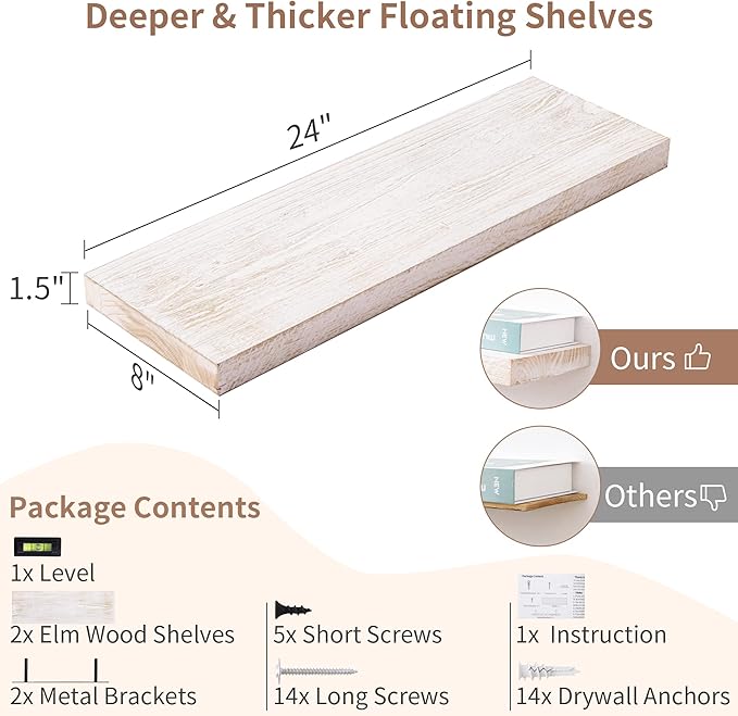 Axeman Floating Shelves for Wall, 24''W x 8''D Rustic Solid Elm Wood Wall Shelves for Storage, Wall Mounted Display Shelving with Invisible Heavy-Duty Metal Bracket (White Wash, 2PCs)