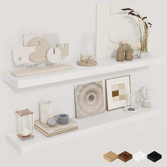 Fun Memories 36Inch Floating Shelves for Wall 2 Pack Wood Shelves for Kitchen, Bathroom, Bedroom Wall Mounted Rustic Wood Floating Shelf with Invisible Brackets for Books, Storage, Decor, White