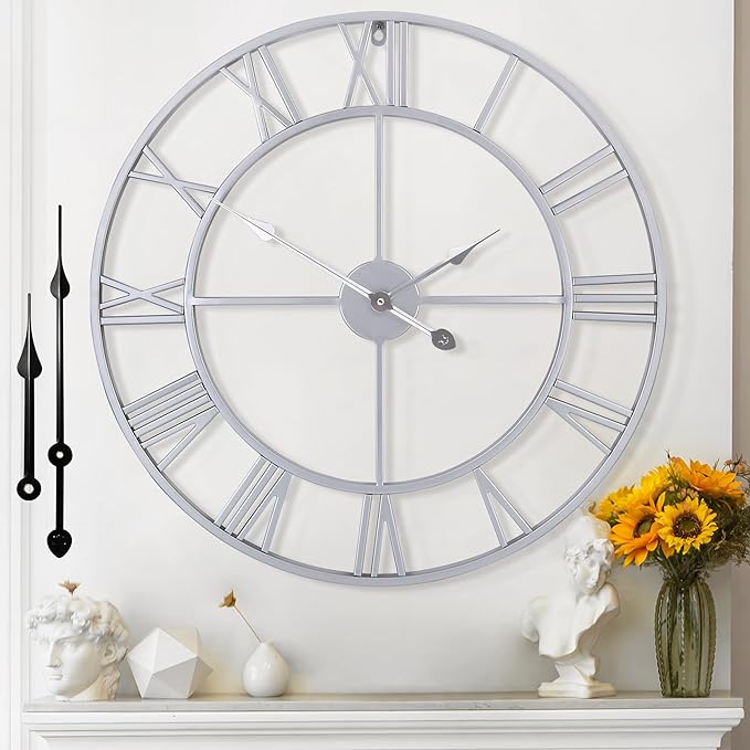 Large Wall Clock for Living Room Decor - 60cm/ 24 Inches Silent Non-Ticking Metal Wall Clocks Battery Operated, Vintage Decorative Modern Wall Clock for Bedroom, Office, Farmhouse Decor