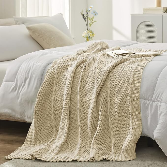 Amélie Home Chenille Knit Throw Blanket for Couch, Chevron Texture Decorative Soft Blanket for Sofa, Bed & Chair, 50"x60", Beige
