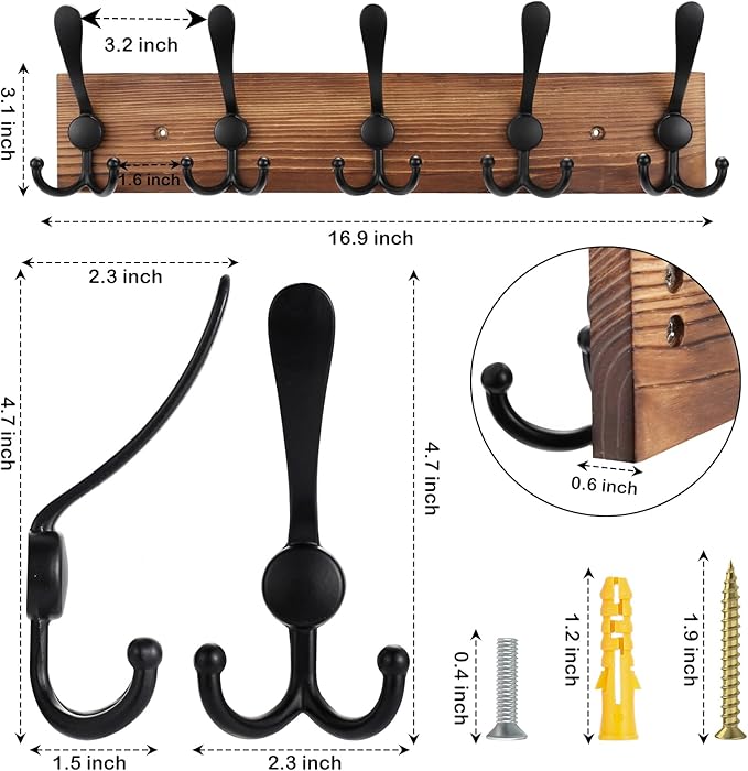 2pcs Coat Rack Wall Mount Wooden Hat Rack for Wall Hooks Pine Real Wood Plank 16.9" Brown Coat Hanger with 5 Triple Hooks for Hanging Coat Hat Jacket