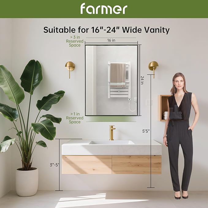 FARMER 16x24 Inch Black Bathroom Mirror, Rectangle Wall Mounted Mirror, Vanity Mirror, Brushed Square Mirror, Framed Bathroom Mirror for Bedrooms, Entryways, Living Rooms, Horizontal/Vertical