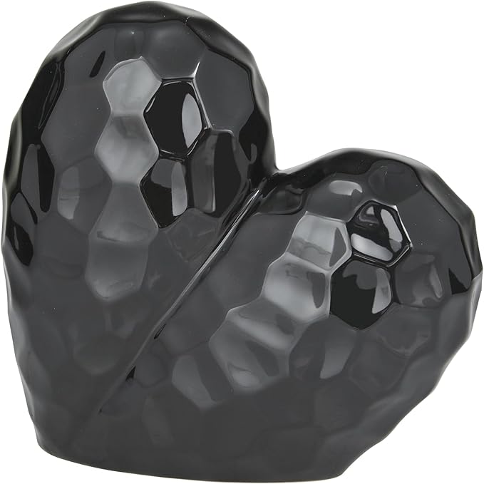 Deco 79 Porcelain Ceramic Heart Decorative Sculpture Dimensional Angled Origami Inspired Home Decor Statue, Accent Figurine 8" x 3" x 8", Black