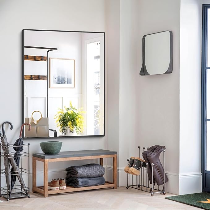 Black Bathroom Mirror, 48"X36" Rectangle Mirrors for Wall Metal Frame, Modern Vanity Wall Mirror for Bathroom Living Room, Entryway Hangs Horizontal or Vertical