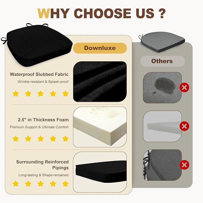 downluxe Chair Cushions for Dining Chairs, Waterproof Kitchen Chair Pads, Non-Slip Dining Seat Cushion with Ties, 17" x 16" x 2.5", Black, 6 Pack