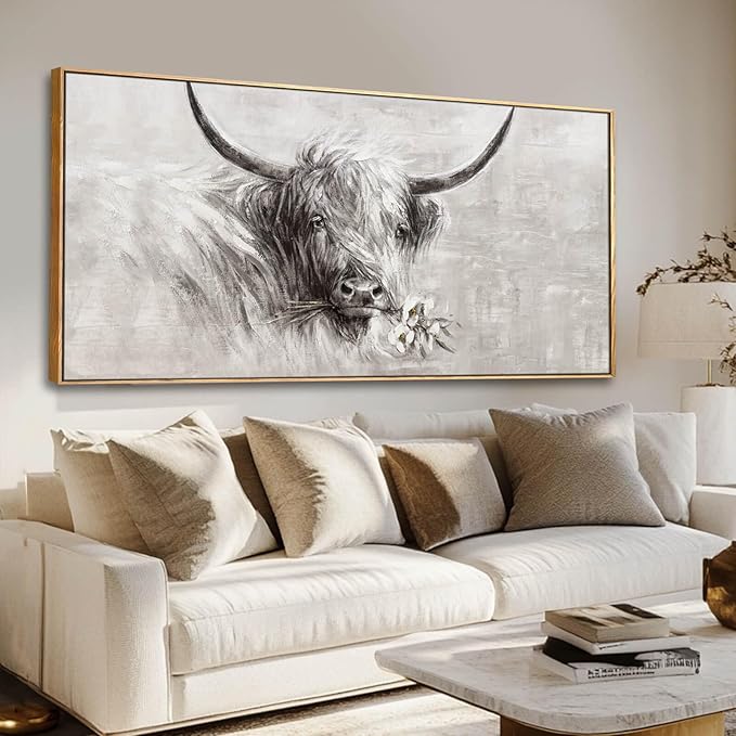 Farmhouse Wall Decor Framed Cow Artwork Grey Vintage Wall Art Canvas Flower Print Rustic Animal Pictures Style for Bedroom Dining Room 24x48 Inch