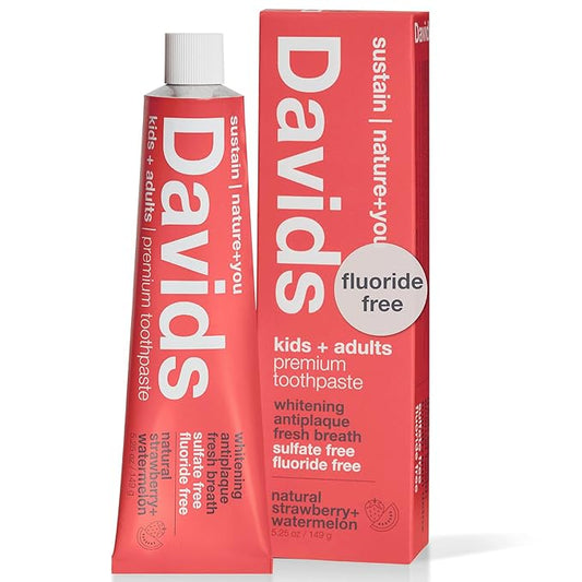 Davids Fluoride Free Kids & Adults Toothpaste, Teeth Whitening, Antiplaque, SLS (Sulfate) Free, Promotes Enamel Health, Mouth & Gum Detox, Natural Strawberry Watermelon, 5.25oz