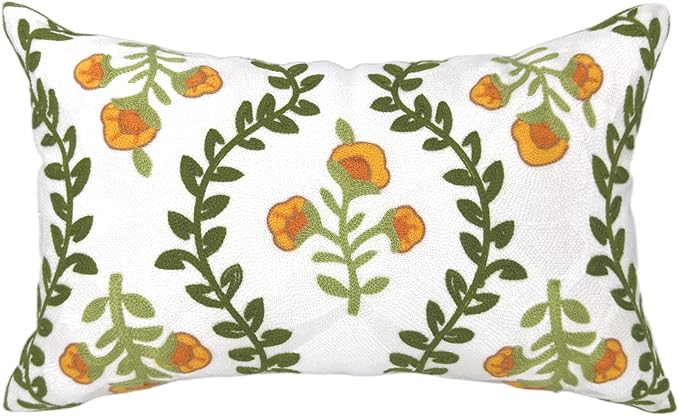 Alysheer Flower Embroidered Summer Decorative Lumbar Throw Pillow Cover 12"x 20", Farmhouse Cottage Orange Floral Green Leaves Patterned Cotton Canvas Cushion Case for Sofa Couch Bed Living Room