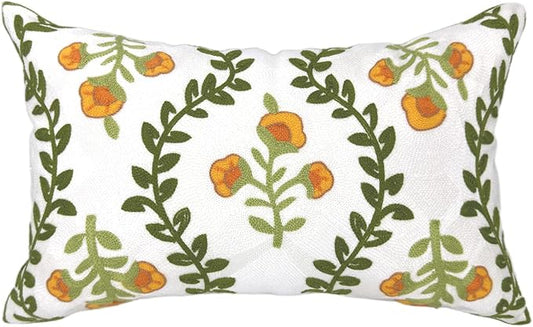 Alysheer Flower Embroidered Summer Decorative Lumbar Throw Pillow Cover 12"x 20", Farmhouse Cottage Orange Floral Green Leaves Patterned Cotton Canvas Cushion Case for Sofa Couch Bed Living Room