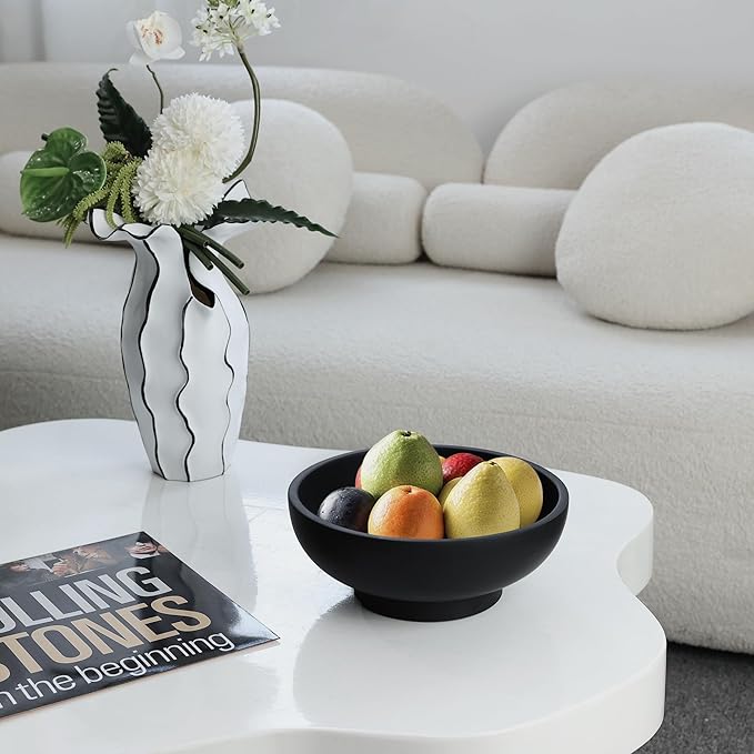Large Black Decorative Bowl for Home Decor - Modern Concrete Fruit Bowl for Kitchen Counter or Coffee Table