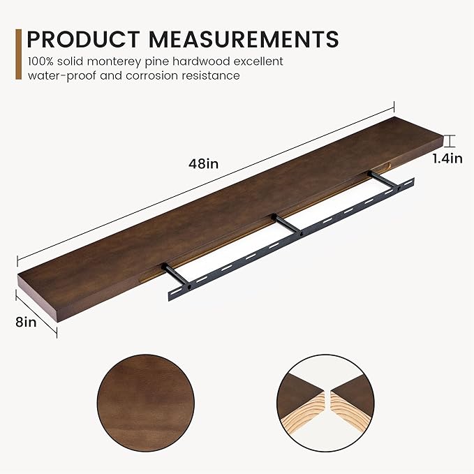 48 Inch Fireplace Mantel - 8 Inch Deep Rustic Premium Solid Pine Wood Floating Shelf - Farmhouse Wall Mounted Display Shelf - Heavy-Duty Metal Bracket - 48"W x 8"D - Set of 1 - American Walnut Color