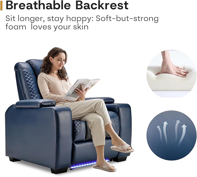 ANJ Power Home Theater Seating Set of 3, Blue Faux Leather Electric Recliner Chair with Powered Headrest, Dual Motors Movie Reclining Chairs with LED Lights,USB Port,Cup Holders, Hidden Arm Storage