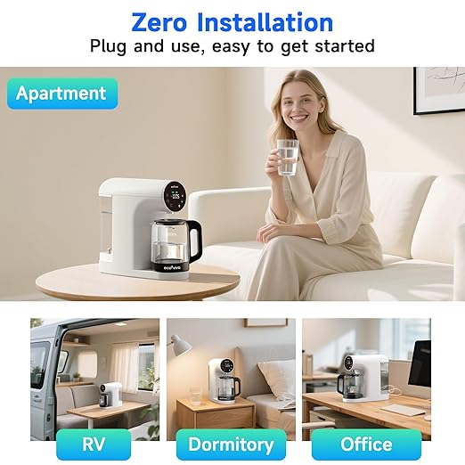 Ecoviva Countertop Reverse Osmosis Water Filter, 6 Stage RO Water Filtration System with Glass Carafe, TDS Displayr, 3:1 Pure to Drain, Portable No Installation Water Purifier White