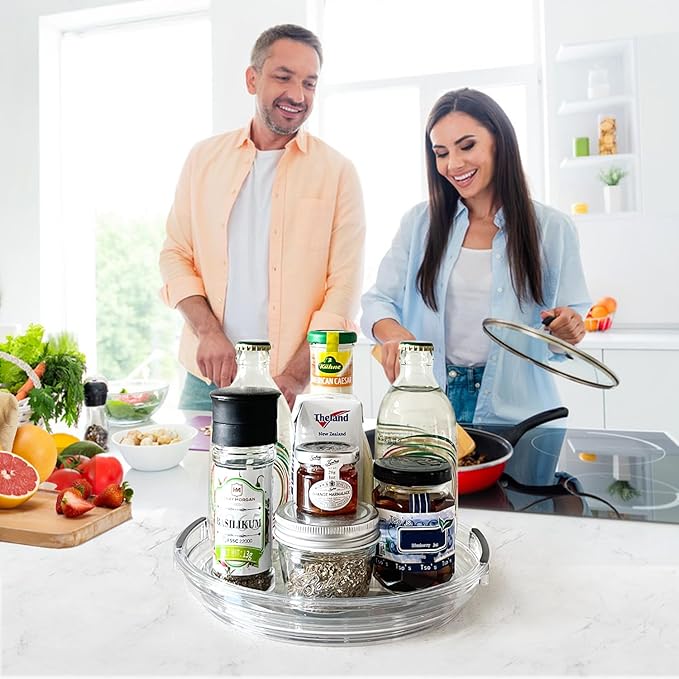 Clear Lazy Susan Organizer Turntable for Cabinet Table Top, 9.25 Inch 4 Pack 360 Rotating Spinning Makeup Organizer for Vanity, Kitchen Storage Rack Heavy-Duty Pantry Spices Tray Countertop Organizer