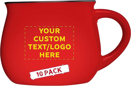 Custom Glazed Campfire Coffee Mugs 12 oz. Set of 10, Personalized Bulk Pack - Perfect for Coffee, Tea, Espresso, Hot Cocoa, Other Beverages - Red