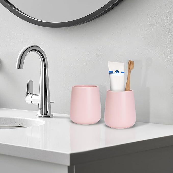 Bathroom Tumbler Cup Ceramic 13.5oz Reusable Toothbrush Cup 400ml,Toothbrush Holder Adequate for Your Bathroom (Pink)