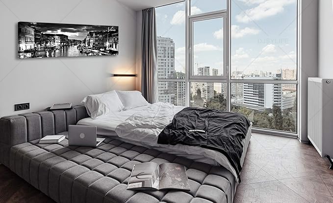 DJSYLIFE Venice Skyline Wall Art Black and White Italy Cityscape Canvas Print Painting Buildings Grand Canal Landscape Pictures Modern Artwork for Man Room Office Living Room Decoration 13.8"x47.3"
