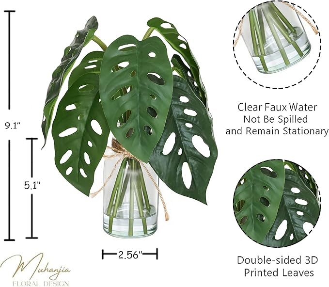 Artificial Flowers Turtle-Back, Alocasia Leaf, in Glass Vase with Faux Water,7Pcs Artificial Leaves Real Touch Latex Leaves for Centerpiece (2, Turtle-Back Leaf)