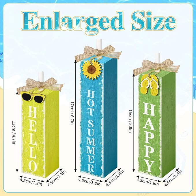 3 PCs Wooden Tiered Tray Decor Hello Happy Hot Summer Rustic Table Decor Block Signs for Beach Island Home Office Decorations (Summer-1)