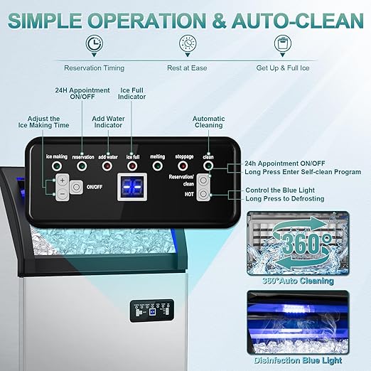 Commercial Ice Maker 260Lbs/24H, Ice Machine 72pcs Ice Cubes, Freestanding Ice Maker Machine with Water Line and Filter, 55Lbs Storage Ice Bin, Stainless Steel Undercounter Ice Maker for Home,Shop,Bar