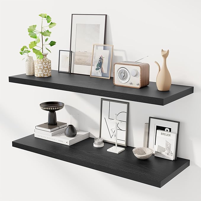 40" Floating Shelves for Wall, 12" Deep Slim Black Floating Shelves, Wall-Mounted Shelves for Bedroom, Living Room, Kitchen, Bathroom - Set of 2